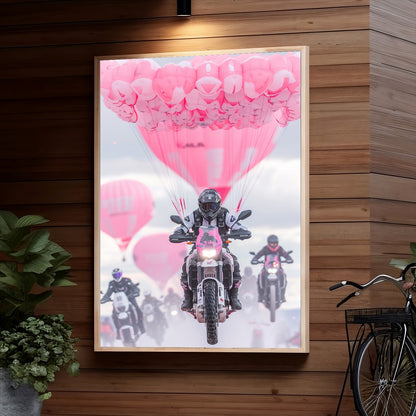 A motorcycle rally with numerous pink balloons suspended in the air, creating a striking visual contrast against the riders on their bikes below.
