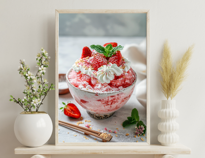 A glass bowl filled with a layered strawberry dessert topped with whipped cream, fresh strawberries, and a mint sprig garnish, surrounded by scattered strawberry slices and granola crumbs on a rustic surface.
