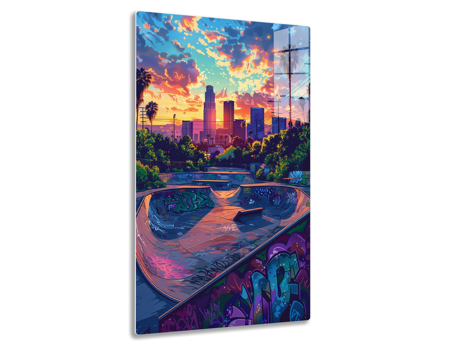 An urban skate park with vibrant graffiti and the Los Angeles skyline at a colorful sunset. Palm trees and power lines frame the dramatic cityscape backdrop.
