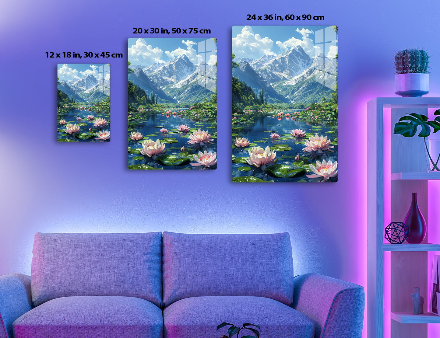 A serene mountain lake surrounded by snow-capped peaks and lush greenery, with vibrant pink and white water lilies adorning the calm waters, creating a picturesque and tranquil scene.
