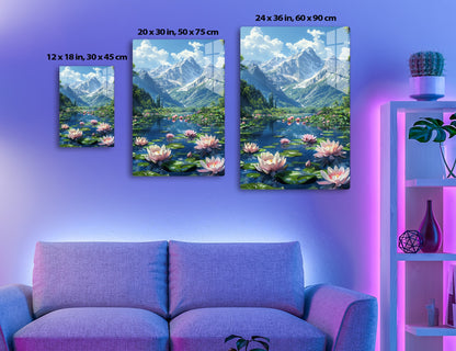 A serene mountain lake surrounded by snow-capped peaks and lush greenery, with vibrant pink and white water lilies adorning the calm waters, creating a picturesque and tranquil scene.
