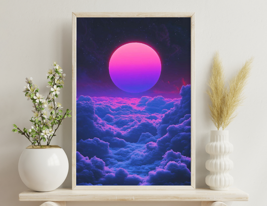 A surreal sky with a large glowing pink and purple circle resembling a sun or moon, surrounded by wispy blue and pink clouds that fill the celestial scene.
