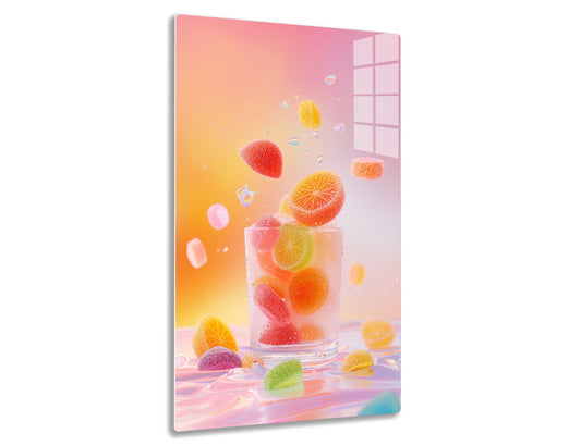 Colorful gummy candy slices made to look like citrus fruit pieces spilling out of a glass against a vibrant gradient background.

