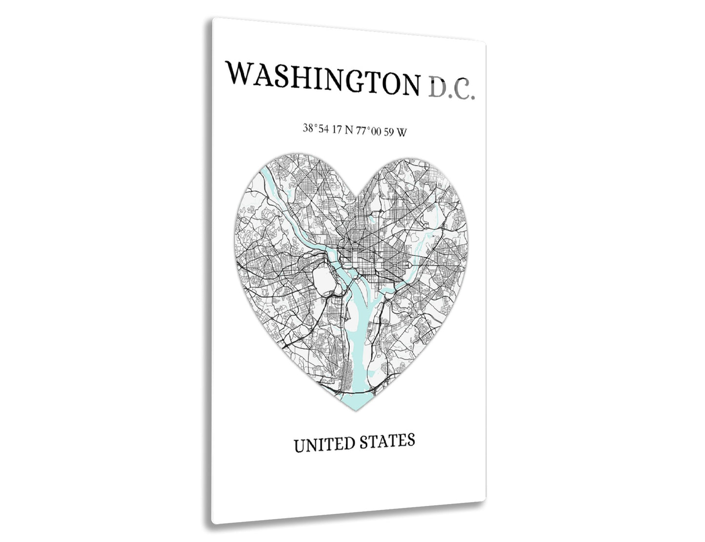 Washington D.C. city map in a heart shape with roads and waterways highlighted, along with the city's geographic coordinates and "United States" text below.
