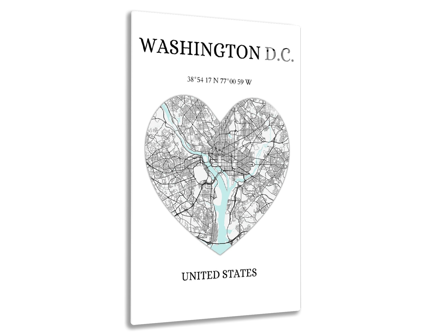 Washington D.C. city map in a heart shape with roads and waterways highlighted, along with the city's geographic coordinates and "United States" text below.

