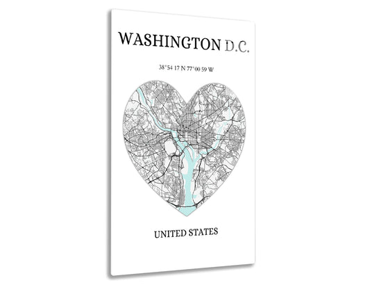 Washington D.C. city map in a heart shape with roads and waterways highlighted, along with the city's geographic coordinates and "United States" text below.
