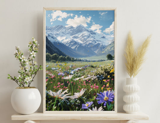 A breathtaking alpine meadow filled with vibrant wildflowers in full bloom, overlooking majestic snow-capped mountain peaks against a brilliant blue sky with fluffy white clouds.
