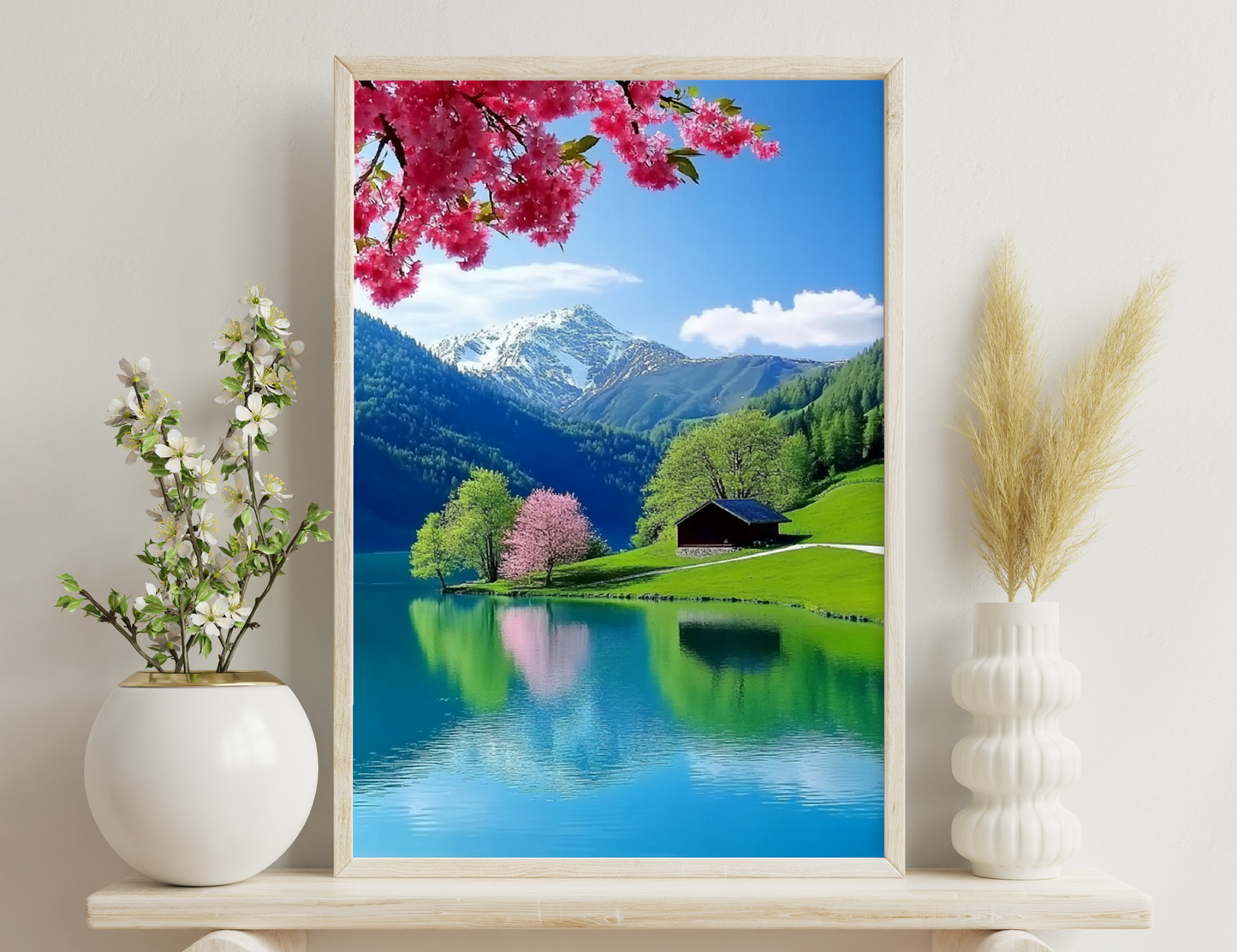 A serene alpine landscape with snow-capped mountains, a calm lake reflecting the surrounding trees in full pink blossom, a traditional wooden cabin, and lush green meadows under a bright blue sky.
