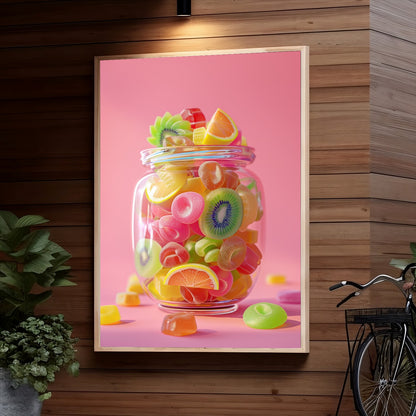 A glass jar filled with colorful gummy candies in the shape of fruits like oranges, kiwis, and grapefruit slices, against a bright pink background.
