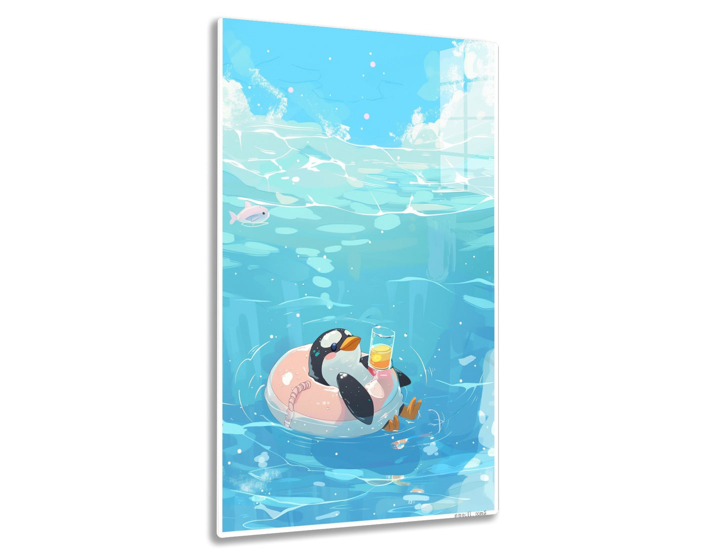 An illustration of a puffin relaxing on an inflatable pool float in the ocean, sipping on a drink while surrounded by fish and bubbles.
