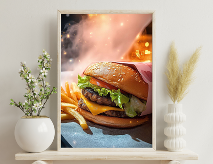 A mouth-watering burger with a juicy beef patty, lettuce, cheese, and a sesame seed bun, served with crispy golden french fries against a warm, glowing background.
