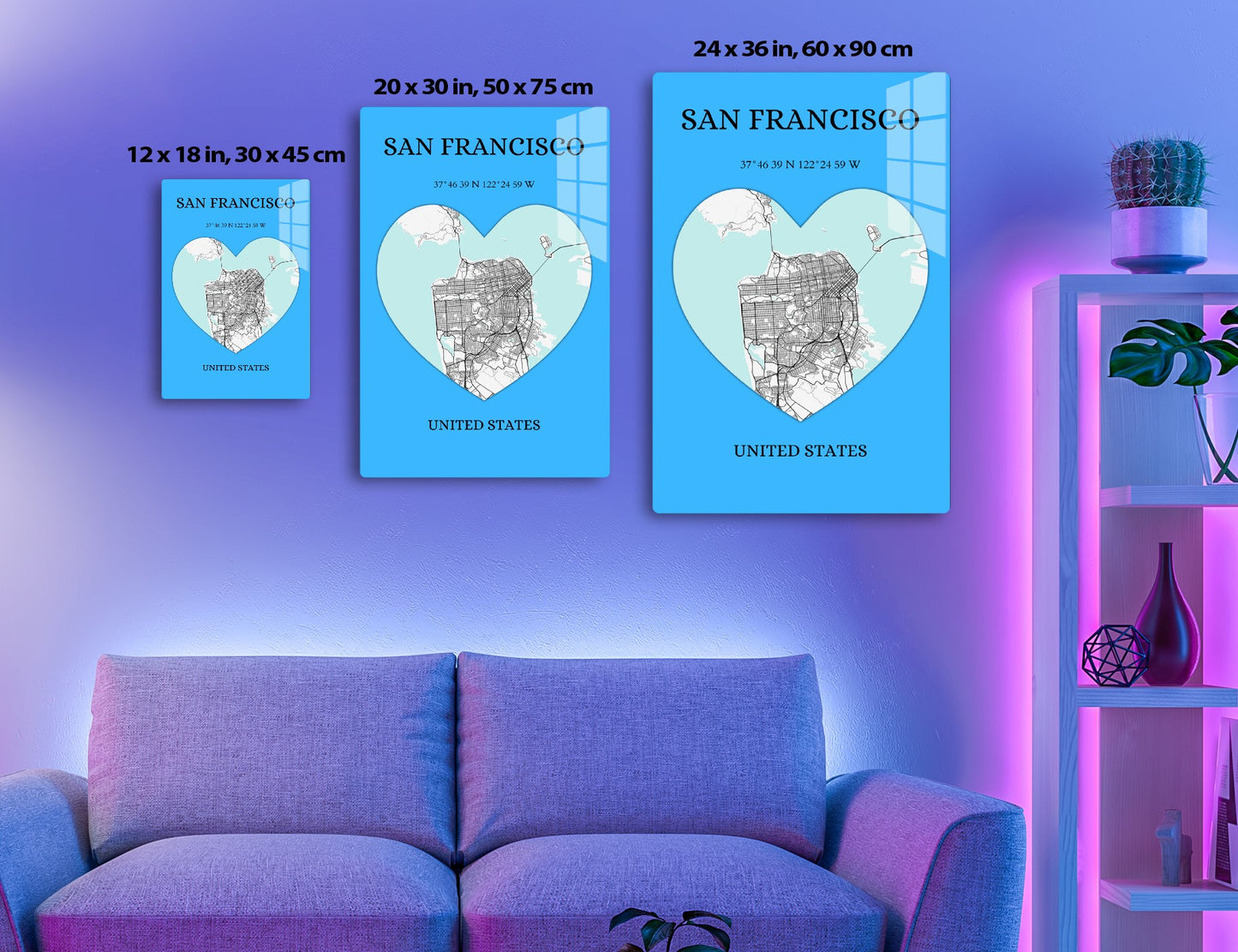 Map of San Francisco city streets and neighborhoods in a heart shape, with coordinates and city name on a blue background
