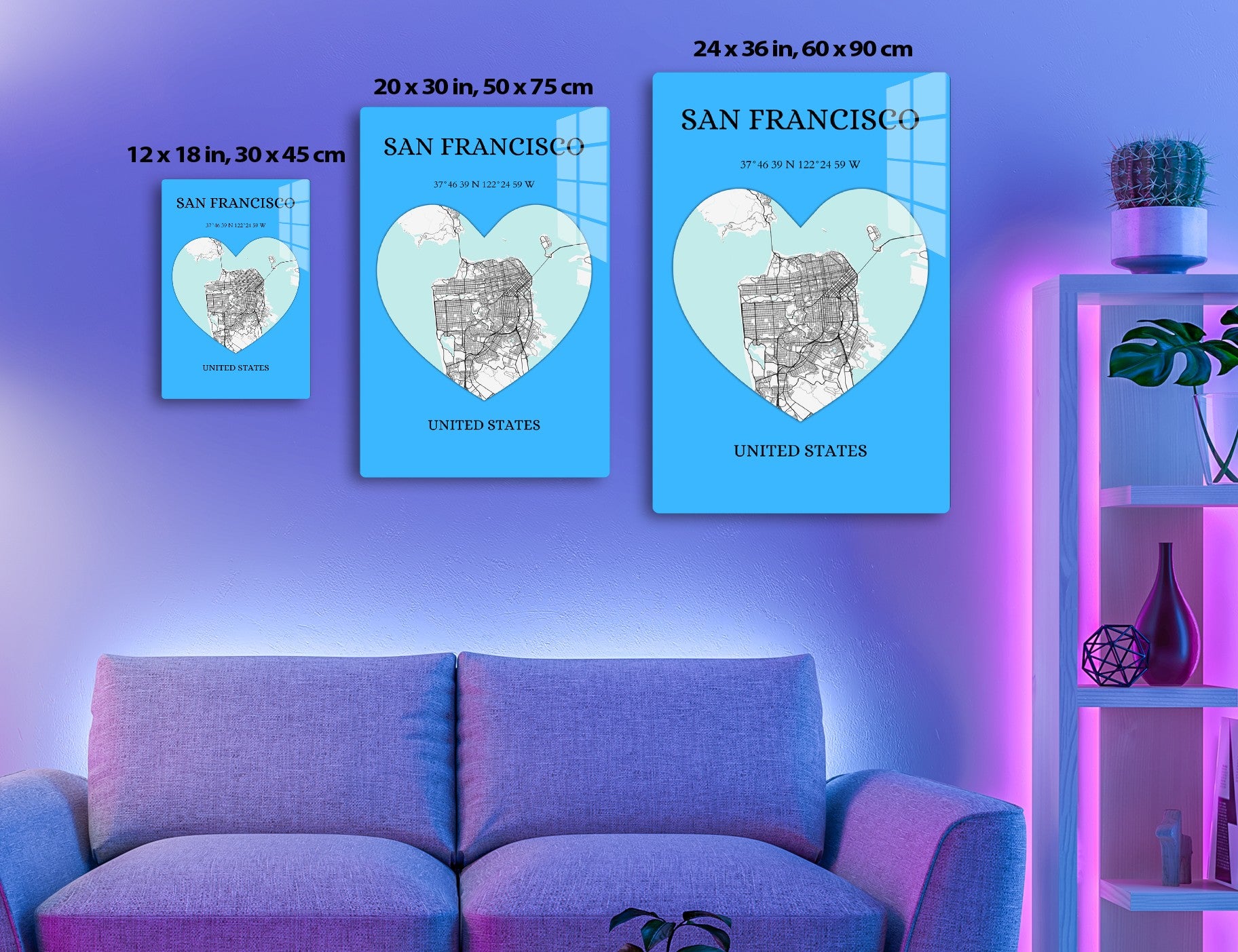 Map of San Francisco city streets and neighborhoods in a heart shape, with coordinates and city name on a blue background
