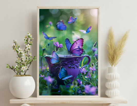 A vibrant scene of blue and purple butterflies hovering around a purple teacup surrounded by purple flowers in a dreamy, blurred natural setting.
