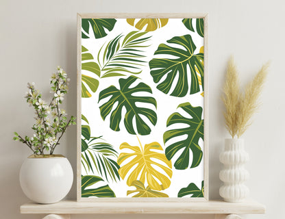 Palm leaves in green and yellow shades forming a seamless tropical pattern on a white background.
