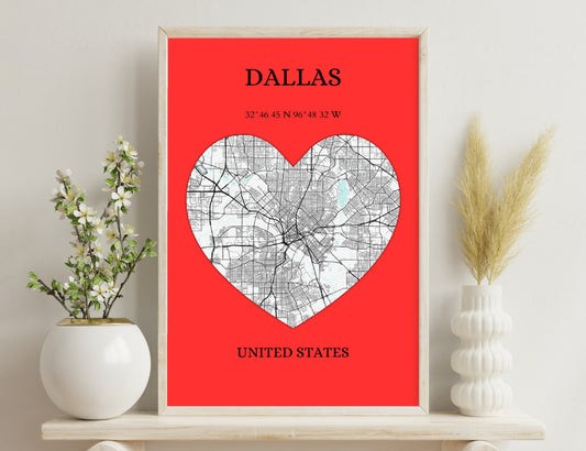 Map of Dallas city streets in heart shape with latitude and longitude coordinates on red background.
