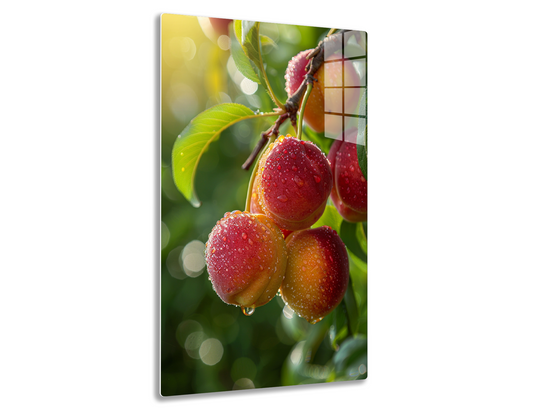 Ripe red cherries with water droplets hanging from a branch with green leaves, creating a vibrant and refreshing close-up image.
