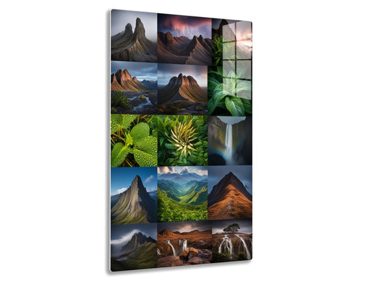 A collage of scenic landscapes depicting majestic mountains with dramatic lighting, lush green valleys, close-ups of vibrant plants and vegetation, and serene waterfalls in a variety of settings.
