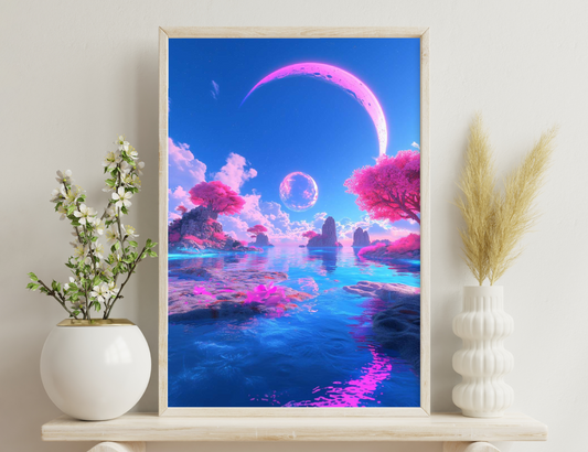 A surreal landscape with a large pink crescent moon, a floating pink bubble, pink-tinted trees, and rock formations reflected in blue-pink waters under a starry sky creates a dream-like, otherworldly scenery.
