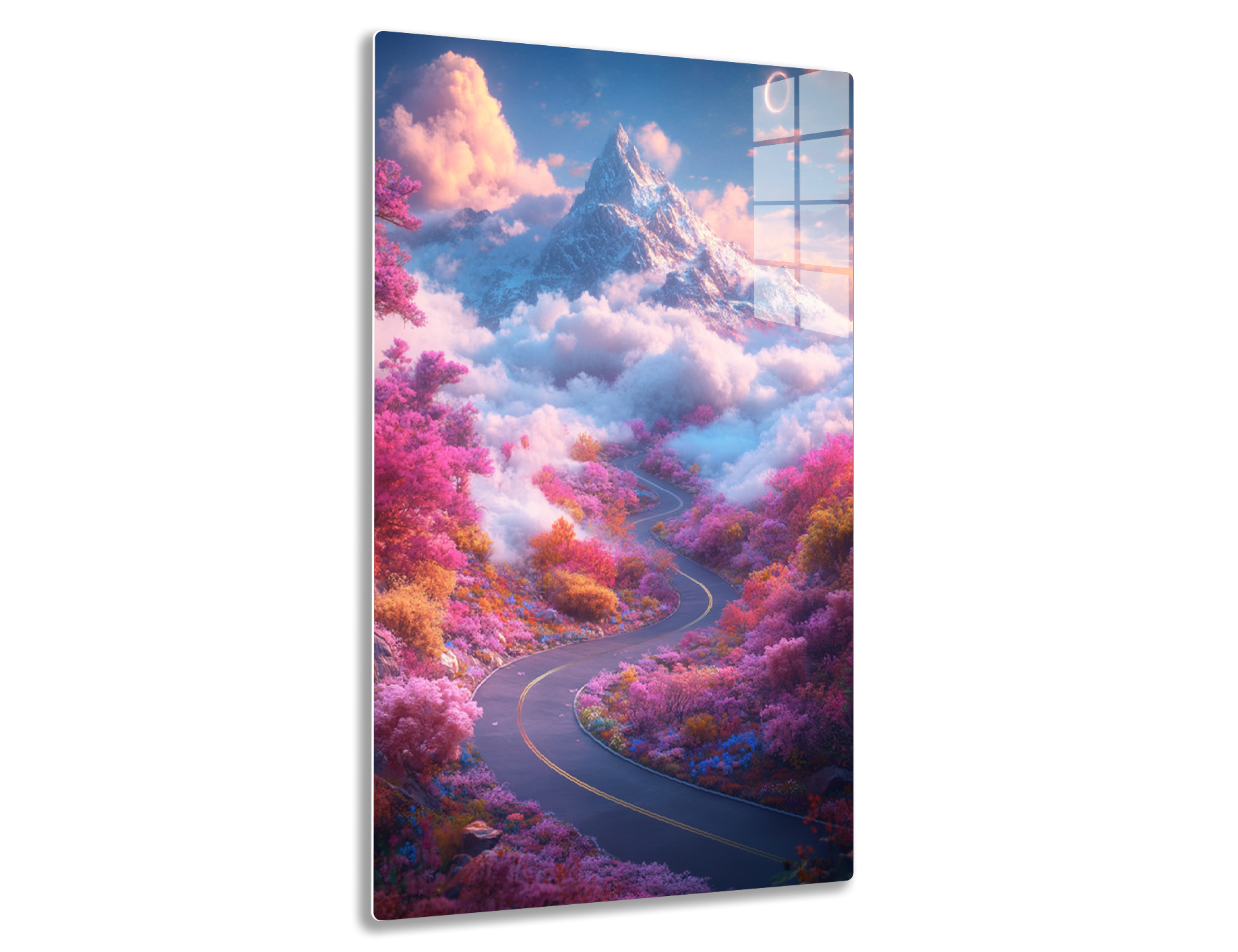 A winding road meanders through a vibrant, fantasy landscape with towering snow-capped mountains, pink and orange clouds, and trees ablaze in autumn hues of red, orange, and purple against a surreal blue sky with a
