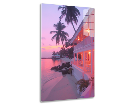 A beachfront resort with palm trees and a warm pink sunset sky, featuring a long building with red lights along the waterfront and a small boat dock in the distance.
