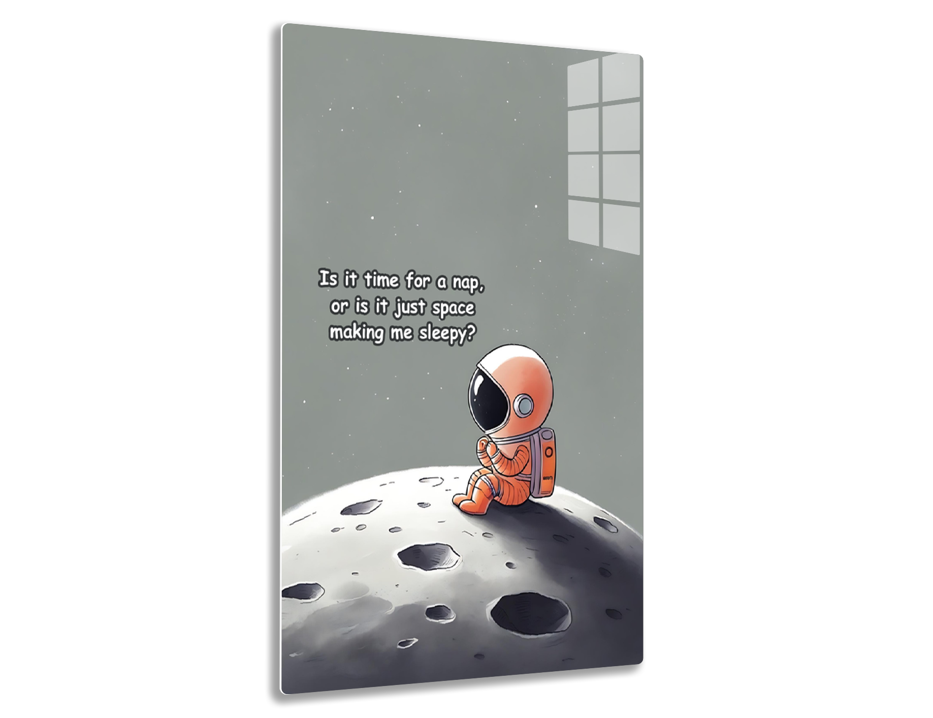 An astronaut sitting on the moon's surface questions if it's time for a nap or if the vast space around is making them sleepy, surrounded by stars and craters.
