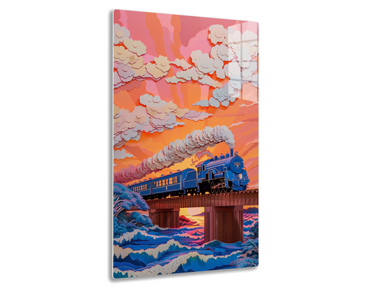A vintage steam locomotive engine with billowing smoke trails across a trestle bridge against a dramatic sunset sky filled with colorful clouds.
