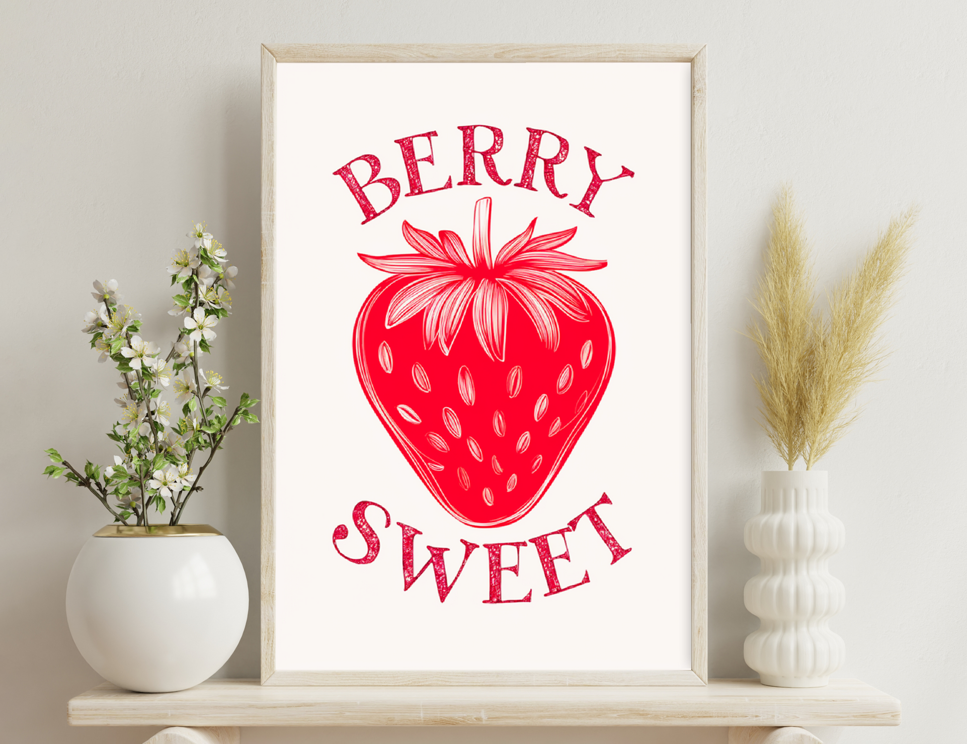 Berry sweet illustration with a large red strawberry, the text "BERRY" and "SWEET" written in a stylized vintage font, depicting the strawberry's sweet flavor.
