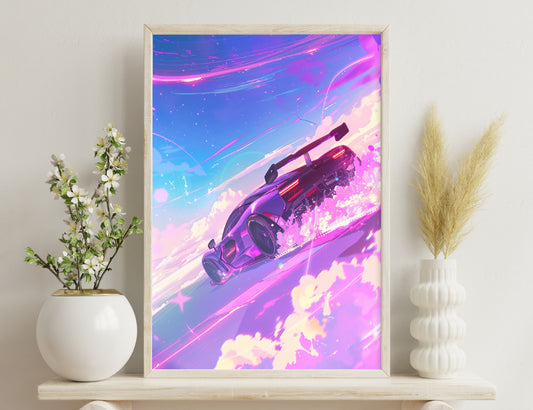 A futuristic purple sports car soars through a vibrant cosmic skyscape filled with streaks of neon colors, stars, and ethereal clouds, creating a surreal and dynamic scene.
