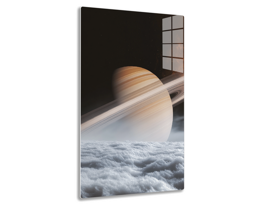 A stunning view of Saturn from space, showcasing its iconic rings and hazy atmospheric bands, set against a backdrop of stars and clouds.
