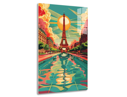 Vibrant illustration featuring the Eiffel Tower in Paris, with colorful buildings, clouds and reflections on a stylized river in shades of orange, red and teal.

