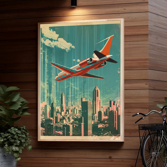 A stylized vintage illustration depicting a red and teal jet airplane soaring over a bustling cityscape with towering skyscrapers and clouds in a teal and orange color scheme.
