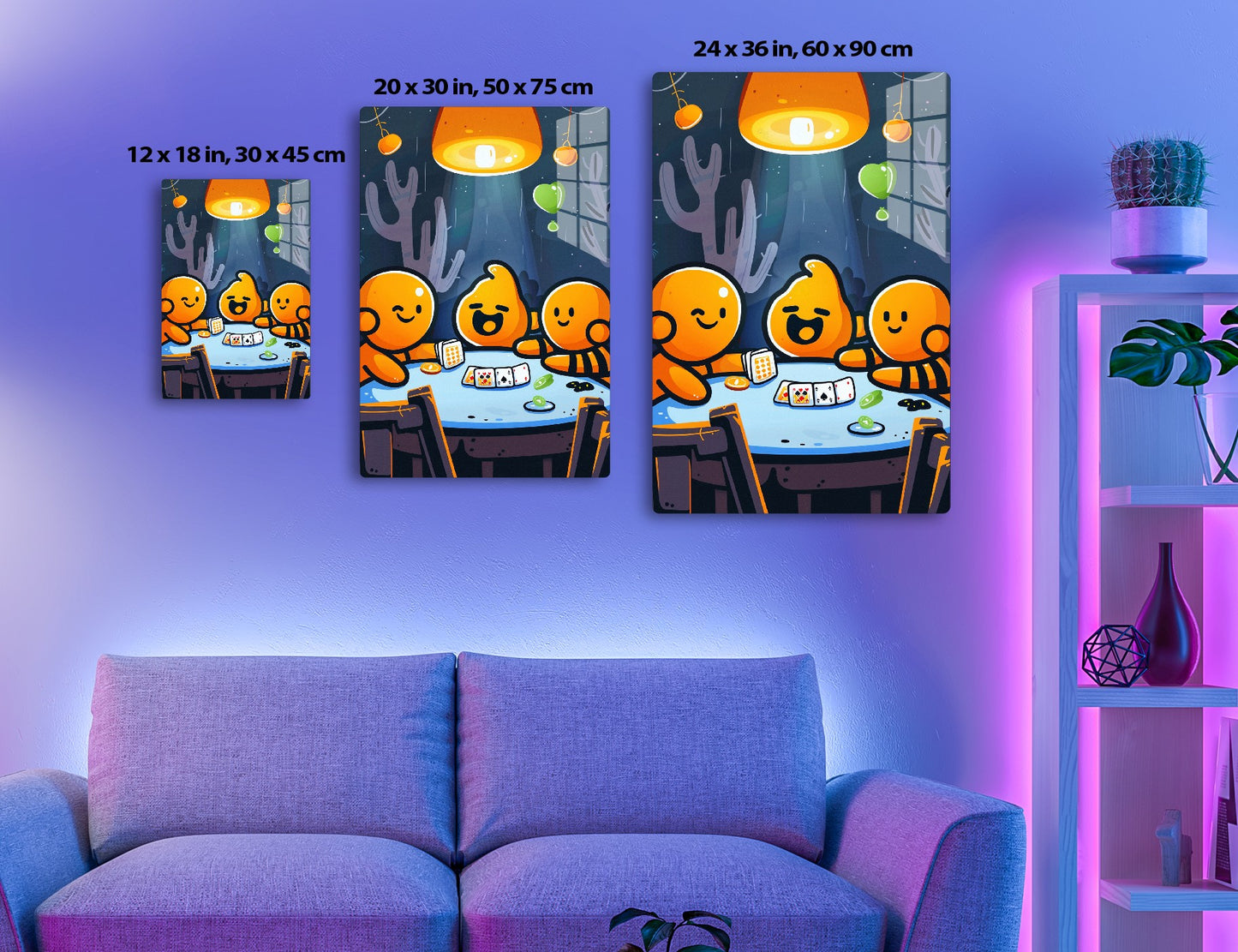 A group of smiling orange characters playing cards and enjoying snacks in a desert environment under a large glowing lamp, with cacti and celestial objects surrounding them.
