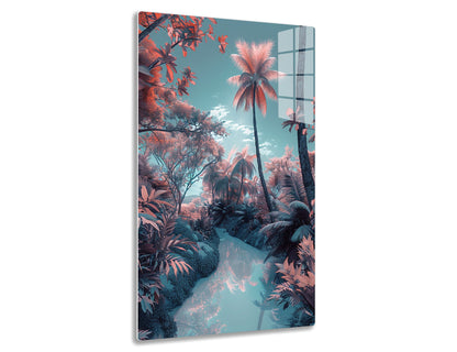 Surreal tropical scenery with tall palm trees and lush foliage rendered in vibrant shades of pink, teal and turquoise, creating a dreamy, otherworldly atmosphere.

