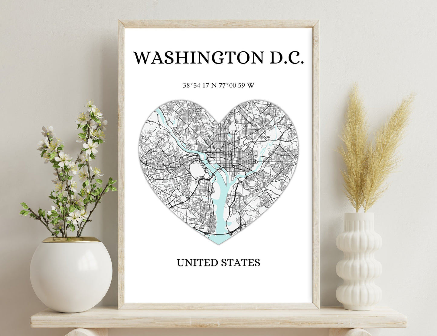 Map of Washington D.C. in heart shape, showing streets, roads, and water bodies with location coordinates provided below the title.
