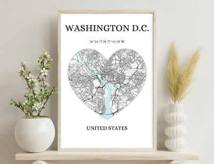 Map of Washington D.C. in heart shape, showing streets, roads, and water bodies with location coordinates provided below the title.
