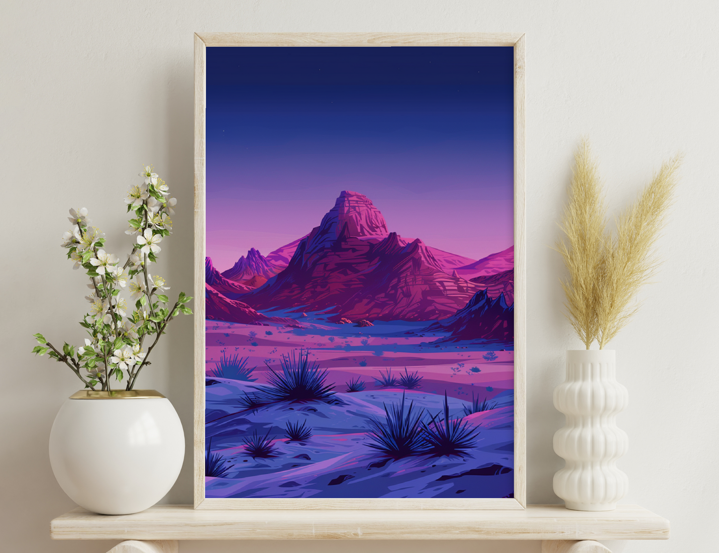 A stunning mountainous landscape at twilight, with towering snow-capped peaks glowing in vibrant pink and purple hues reflected on a serene frozen lake surrounded by yucca plants in the foreground.

