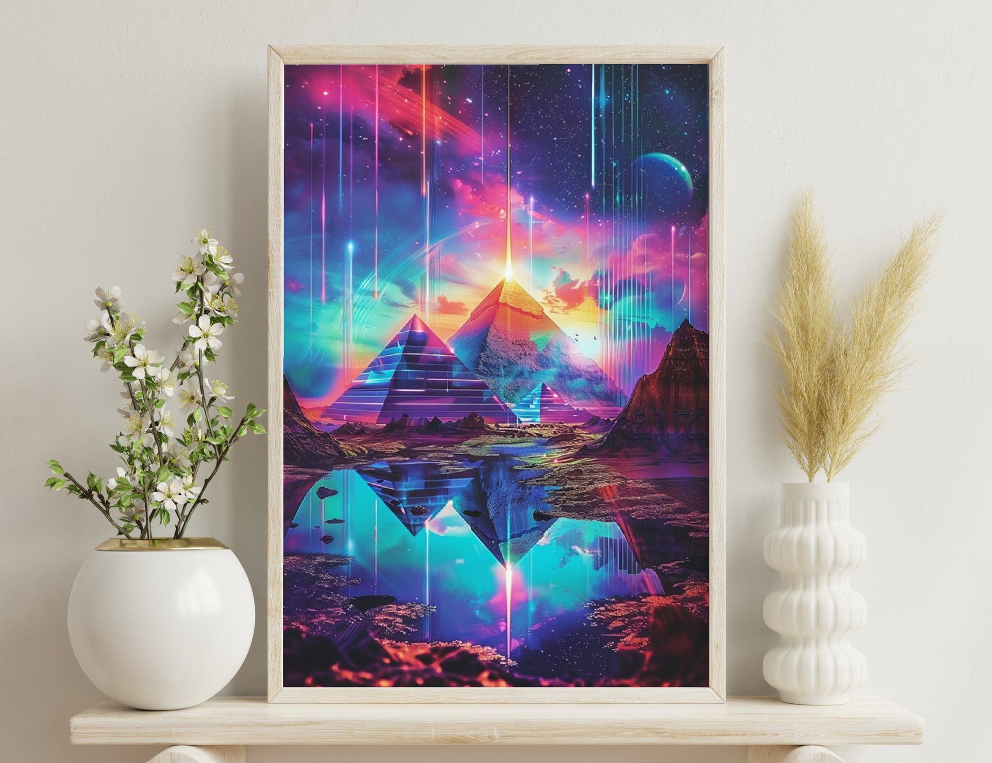 A futuristic, cosmic landscape with towering neon pyramids reflecting in a glowing river, emanating light beams against a vibrant nebula sky filled with stars and cosmic dust.
