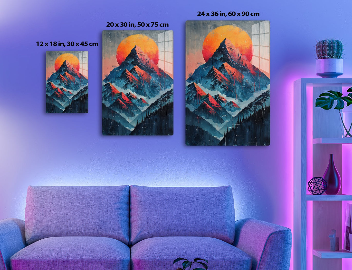 Dramatic mountainous landscape with a large orange sun behind snowy peaks in blue and red tones, with silhouettes of pine trees in the foreground, creating a surreal and captivating scene.
