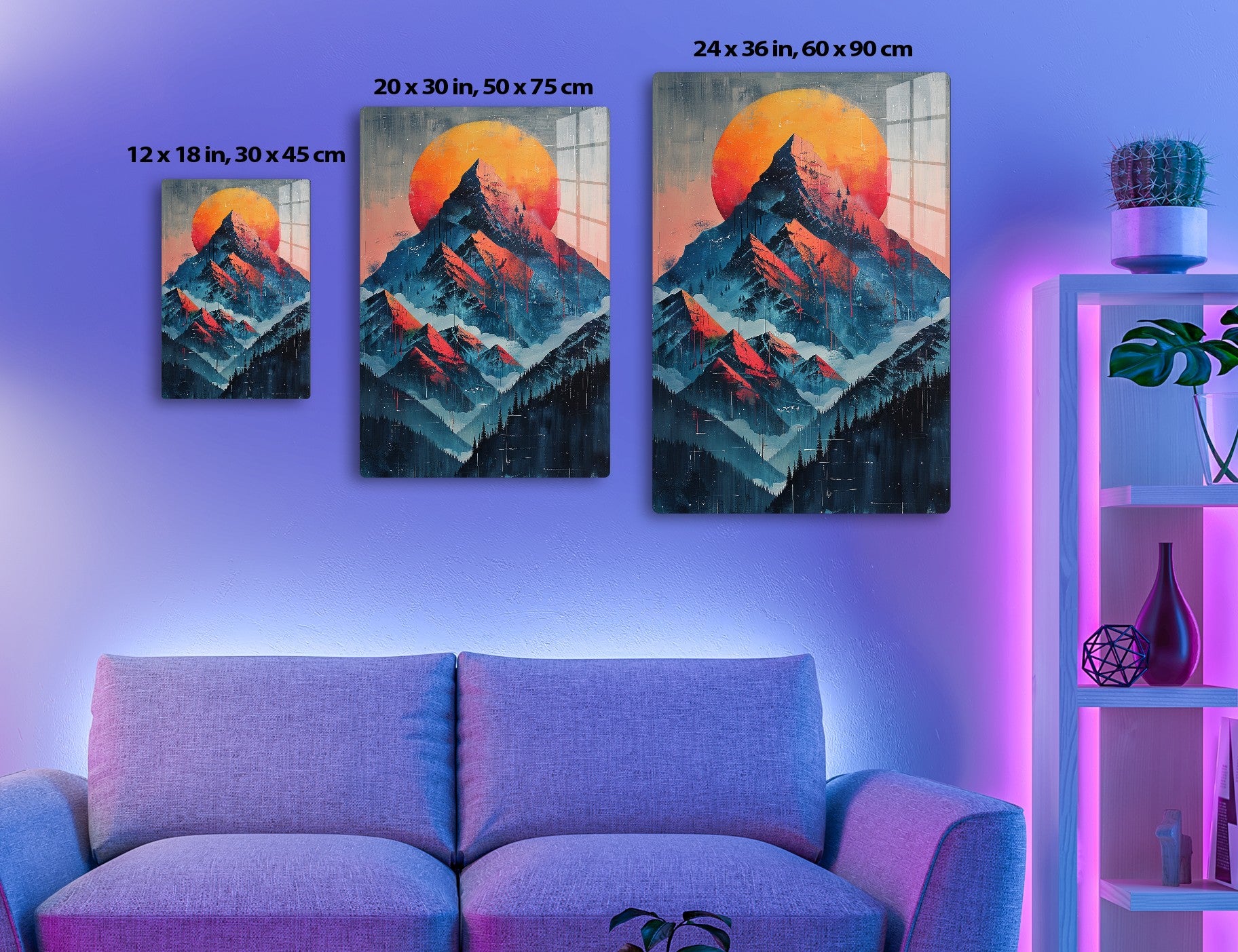 Dramatic mountainous landscape with a large orange sun behind snowy peaks in blue and red tones, with silhouettes of pine trees in the foreground, creating a surreal and captivating scene.
