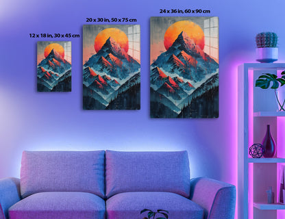 Dramatic mountainous landscape with a large orange sun behind snowy peaks in blue and red tones, with silhouettes of pine trees in the foreground, creating a surreal and captivating scene.
