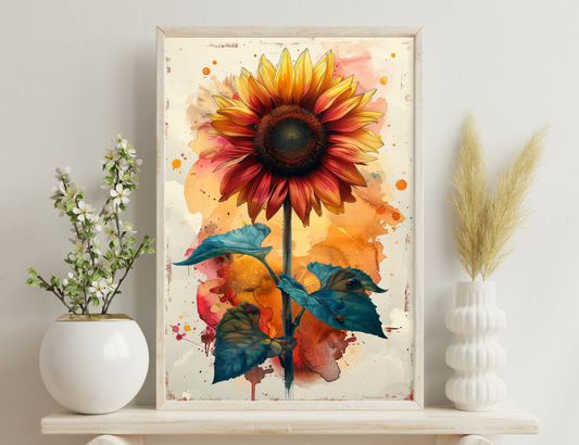 A vibrant illustration of a sunflower with yellow and orange petals, brown center, and teal leaves against a colorful watercolor background with splatters.
