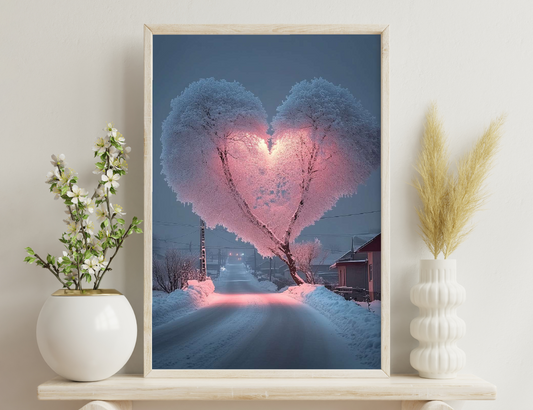 A snowy residential street at sunset, with two trees on either side forming a heart shape with their branches silhouetted against the pink and orange sky.

