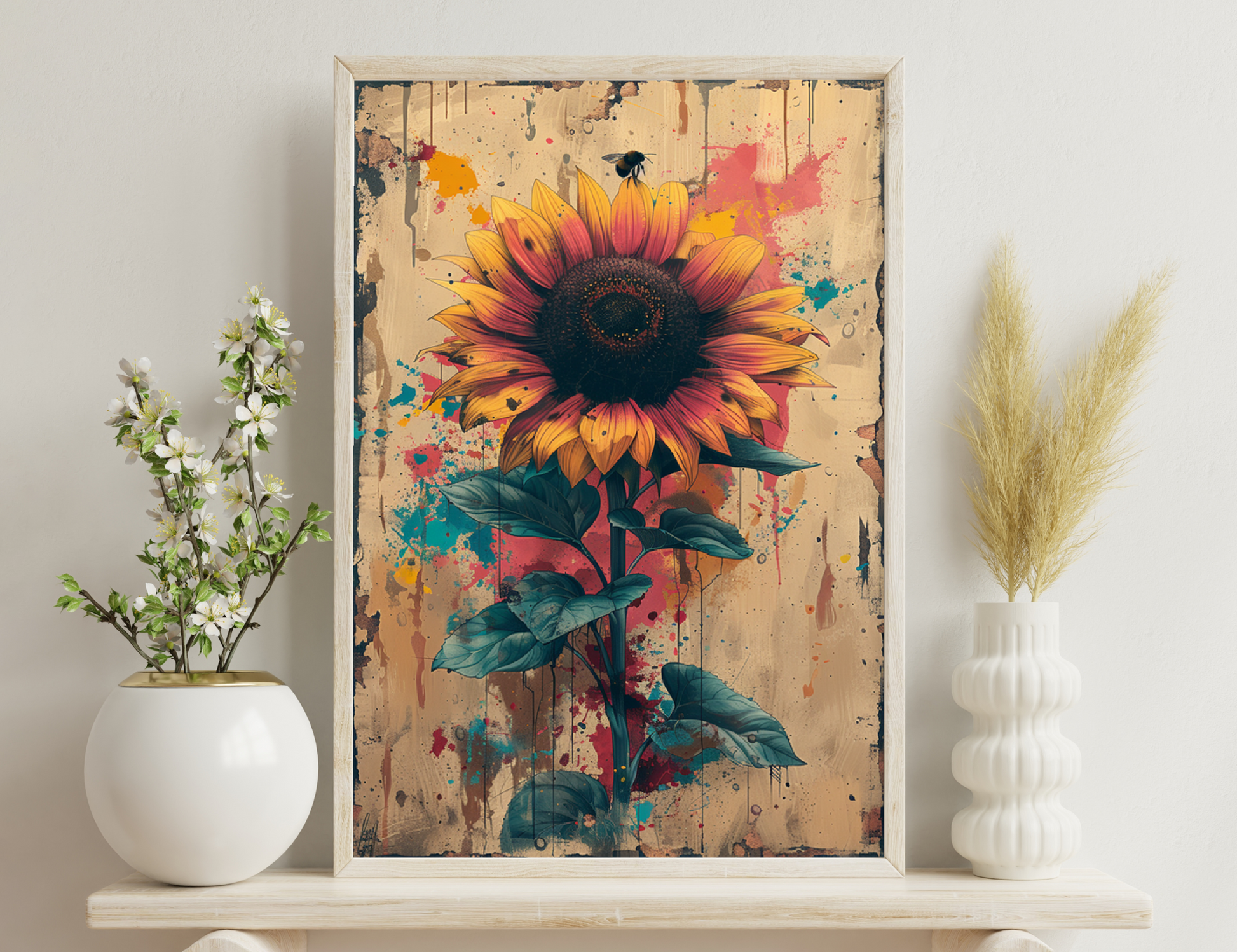A vibrant, artistic illustration of a sunflower against a grungy, paint-splattered background, with the sunflower's yellow petals, dark center, and green leaves rendered in exquisite detail.
