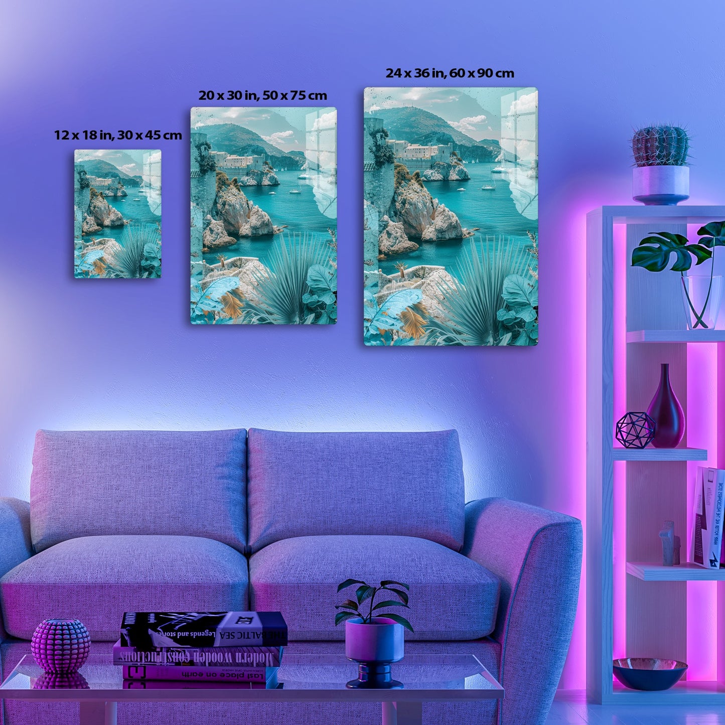 Stunning panoramic view of a coastal town with rocky cliffs, turquoise sea, sailboats, mountainous landscape, palm trees and lush greenery in the foreground.
