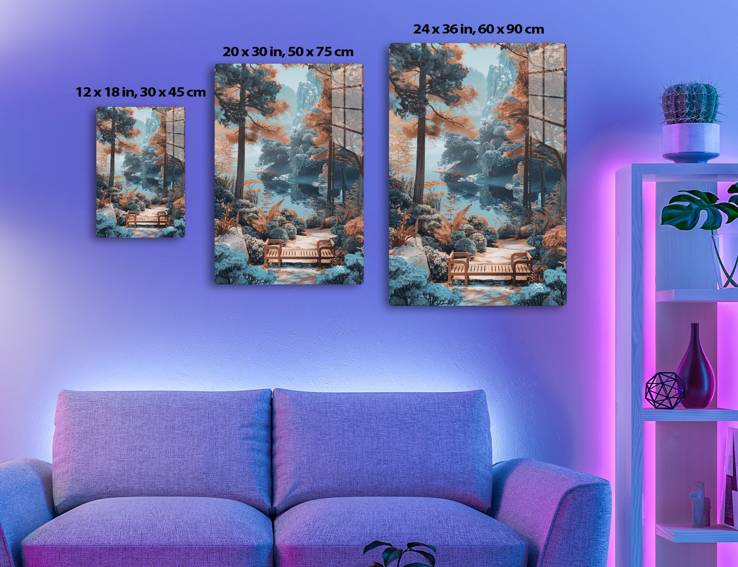 Scenic landscape with tall mountains, winding river, wooden bench, and vibrant fall foliage in orange and blue hues creating a serene, dreamlike atmosphere.
