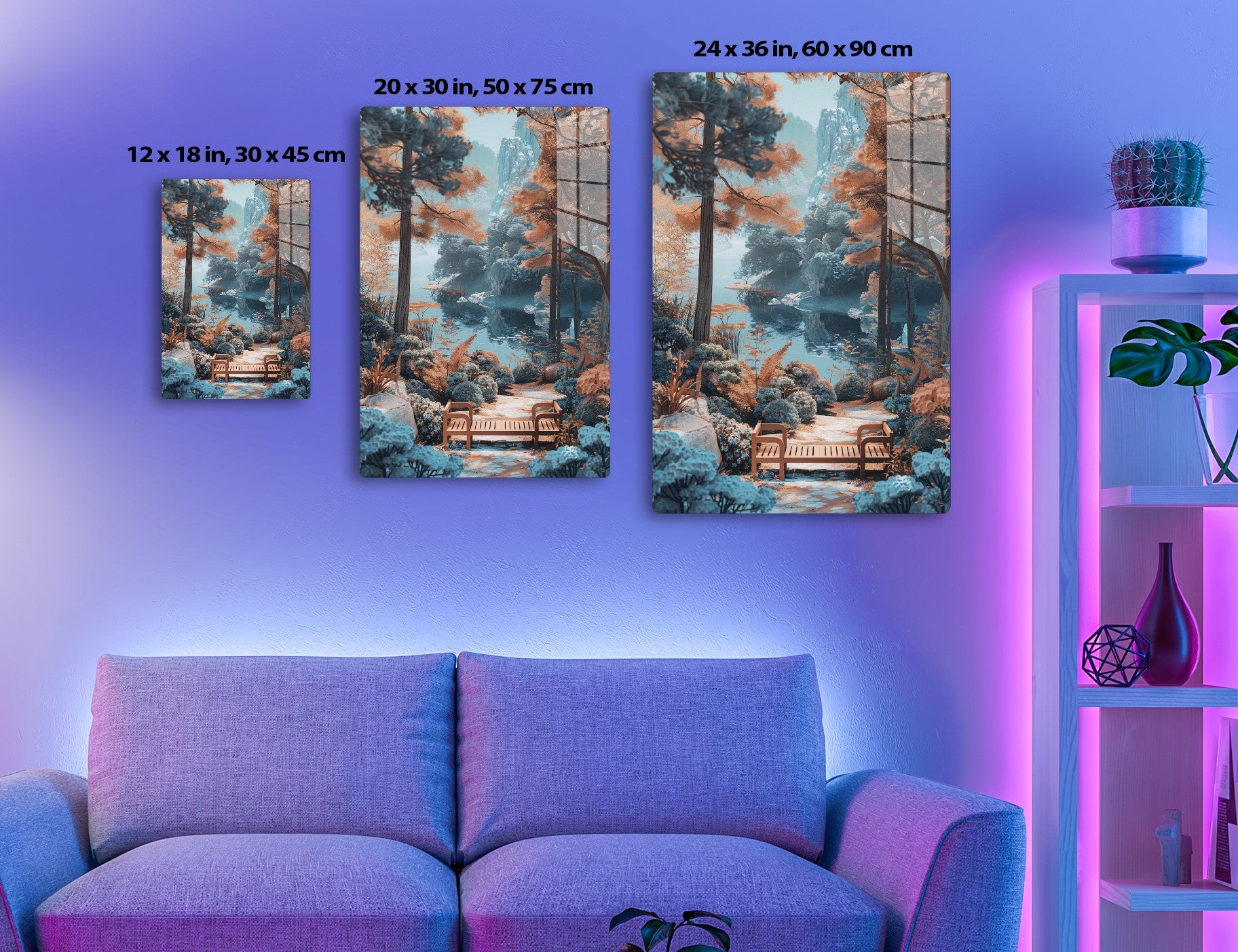 Scenic landscape with tall mountains, winding river, wooden bench, and vibrant fall foliage in orange and blue hues creating a serene, dreamlike atmosphere.
