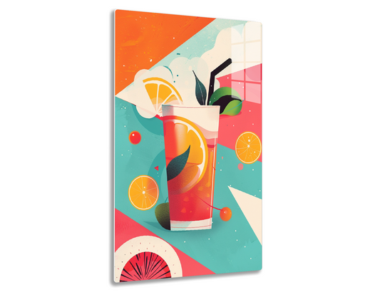 A stylized illustration of a tropical drink garnished with an orange slice and a leafy straw, surrounded by abstract shapes and patterns in vibrant orange, pink, and teal colors.
