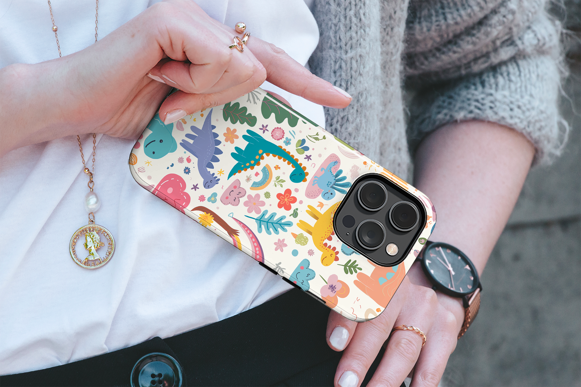 Playful dinosaurs (iPhone Case 11-15)Elevate your iPhone's style with a phone case with dinosaur illustrations and a tough case. Sleek, durable protection for models 11-15. Free US shipping.RimaGallery