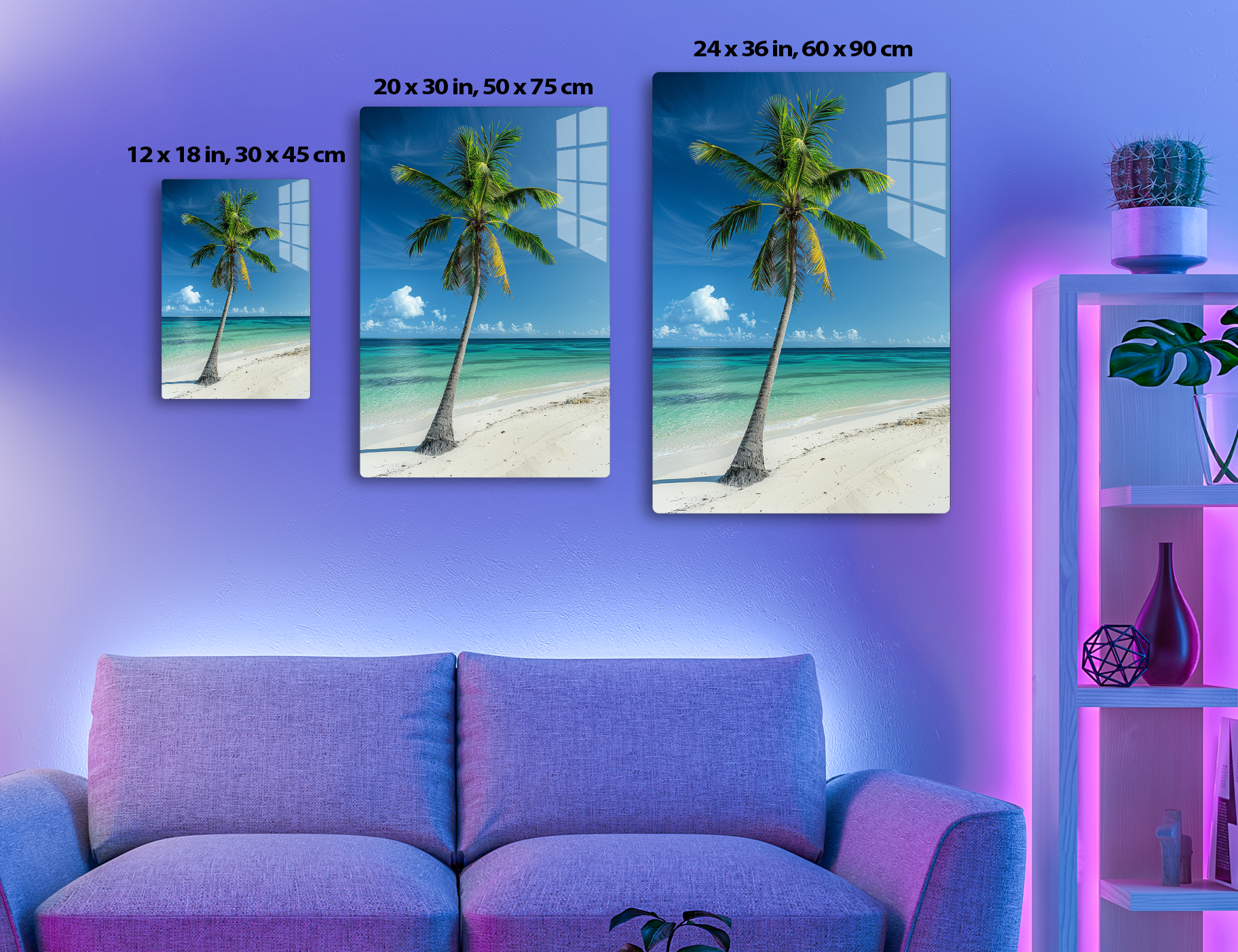 A tall palm tree stands on a pristine sandy beach against a vibrant blue sky with white clouds overlooking turquoise waters of the ocean, creating a picturesque tropical paradise scene.
